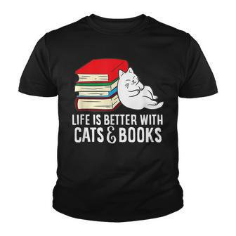 Funny Books And Cats Life Is Better With Cats And Books Youth T-shirt - Thegiftio UK
