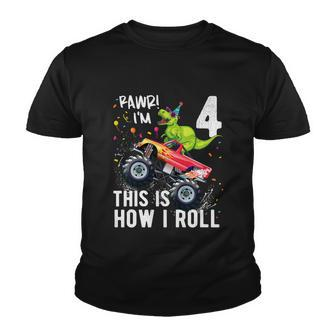 Funny Kids T Rex Dinosaur Monster Truck Gift 4Th Birthday Boys And Girls Gift Youth T-shirt - Monsterry