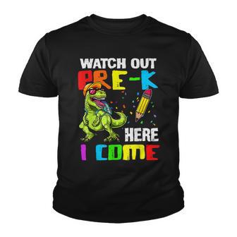 Funny T Rex Back To School Watch Out Pre K Here I Come Youth T-shirt - Thegiftio UK