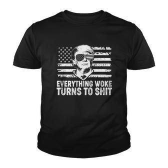 Funny Trump Everything Woke Turns To Shit Distressed Usa American Flag Youth T-shirt - Thegiftio UK