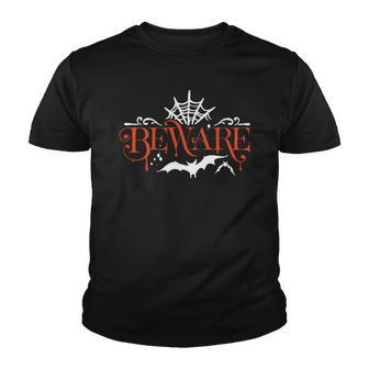 Halloween Beware Bat And Spidernet - Orange And White Youth T-shirt - Seseable
