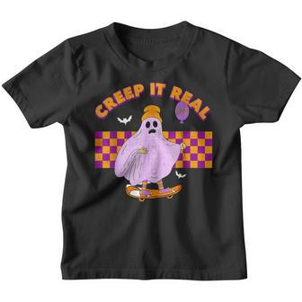 Halloween Checkered Ghost Skateboard Creep It Real Funny Youth T-shirt - Thegiftio UK