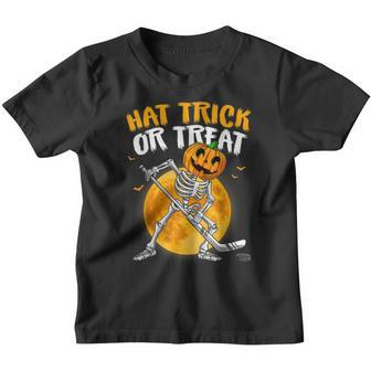 Hat Trick Or Treat Skeleton Pumpkin Ice Hockey Halloween Youth T-shirt - Thegiftio UK
