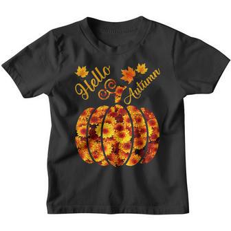 Hello Autumn Fall Floral Pumpkin Fall Flowers And Leaves Youth T-shirt - Thegiftio UK