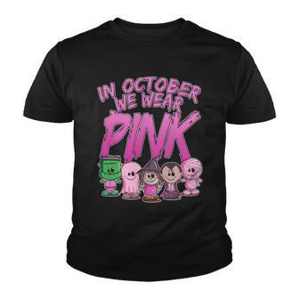 In October We Wear Pink Breast Cancer Halloween Monsters Youth T-shirt - Monsterry