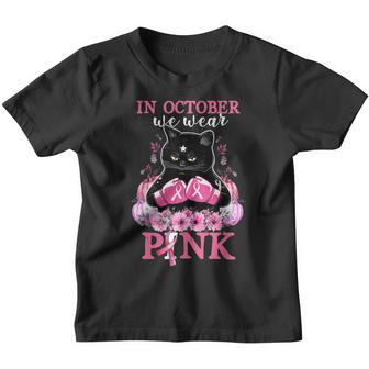 In October We Wear Pink Pumpkin Cat Breast Cancer Awareness Youth T-shirt - Thegiftio UK