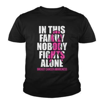 In This Family No One Fights Alone Breast Cancer Pink Ribbon Youth T-shirt - Monsterry