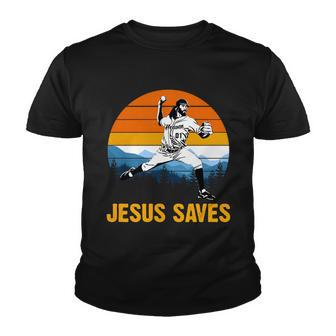 Jesus Saves Retro Baseball Pitcher Youth T-shirt - Monsterry CA