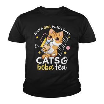 Just A Girl Who Loves Cats And Boba Tea Neko Bubble Milk Tea Youth T-shirt - Thegiftio UK