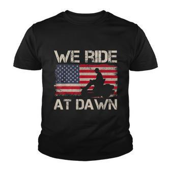 Mens Fathers Day We Ride At Dawn Mens Lawnmower Usa Flag Mowing Youth T-shirt - Monsterry CA