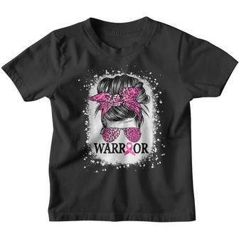 Messy Bun Pink Ribbon Leopard Breast Cancer Warrior Girls Youth T-shirt - Thegiftio UK