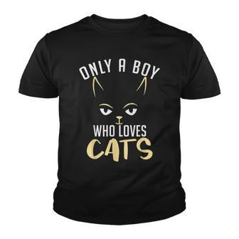 Only A Boy Who Loves Cats Kitty Cat Lover Youth T-shirt - Thegiftio UK