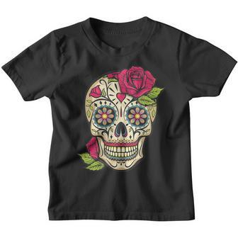 Pink Rose Sugar Skull Dia De Los Muertos Mexican Halloween Youth T-shirt - Thegiftio UK