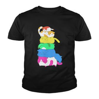 Purride Rainbow Lgbt Cat Pile Funny Feline Gay Pride Cat Gift Youth T-shirt - Monsterry DE