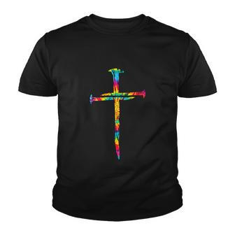 Rainbow Funny Christian Jesus Nail Cross Tie Dye Bible Youth T-shirt - Monsterry