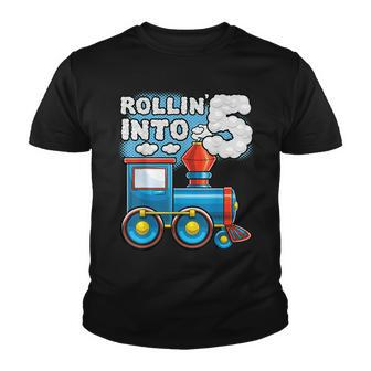 Rollin Into 5 Train 5Th Birthday Party Supply Birthday Boy Youth T-shirt - Seseable