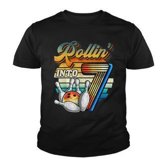 Rollin Into 7 Bowling Birthday Party 7Th Birthday Retro Girl Youth T-shirt - Seseable