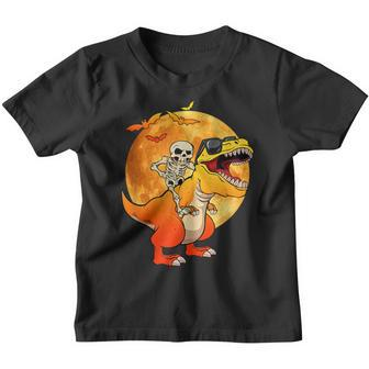 Skeleton Riding Dinosaur Lazy Halloween Bats T-Rex Youth T-shirt - Thegiftio UK