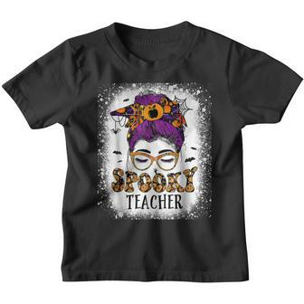 Spooky Teacher School Messy Bun Bleached Halloween Teachers Youth T-shirt - Thegiftio UK
