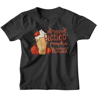Stressed Blessed And Pumpkin Obsessed Cute Fall Leaves Youth T-shirt - Thegiftio UK
