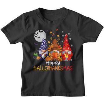 Three Gnomes Hallothanksmas Halloween Christmas Thanksgiving Youth T-shirt - Thegiftio UK