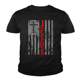 Vintage Jesus Usa American Flag Catholic Christion Cross Tshirt Youth T-shirt - Monsterry