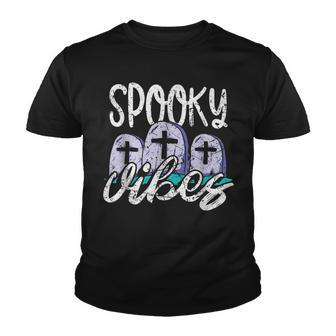 Vintage Spooky Vibes Halloween Art - Cemetery Tombstones Youth T-shirt - Seseable
