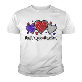 Faith Love Freedom 4Th Of July American Flag Heart Youth T-shirt - Seseable