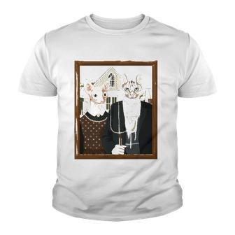 Funny American Gothic Cat Parody Ameowican Gothic Graphic Youth T-shirt | Mazezy