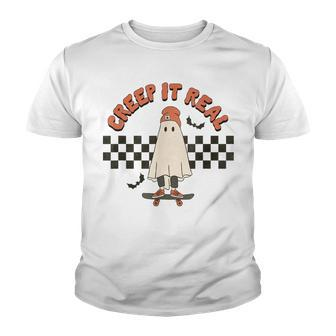 Funny Halloween Creep It Real Retro Skateboarding Ghost Kids Youth T-shirt - Seseable