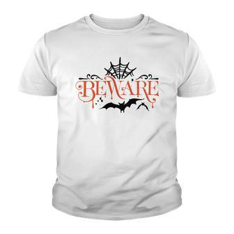 Halloween Beware Bat And Spidernet Black And Orange Design Youth T-shirt - Seseable