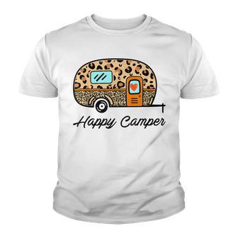 Happy Camper Summer Happy Camping Leopard Funny Glamping Youth T-shirt - Thegiftio UK