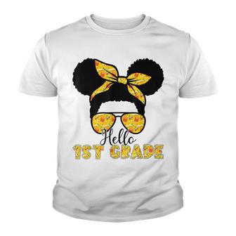 Hello 1St Grade Black Afro Messy Bun First Back To School Youth T-shirt - Thegiftio UK