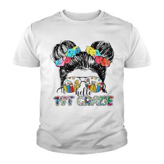 Hello 1St Grade Messy Bun Teacher Back To School Girl Youth T-shirt - Thegiftio UK