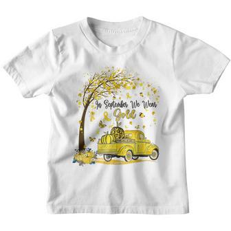 In September We Wear Gold Pumpkin Truck Childhood Cancer Youth T-shirt - Thegiftio UK