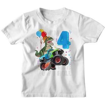 Kids 4Th Birthday Im 4 This Is How I Roll Dinosaur Monster Truck Youth T-shirt - Thegiftio UK