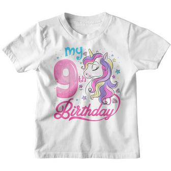 Kids 9 Years Old Unicorn Face 9Th Birthday Girl Unicorn Party Youth T-shirt - Thegiftio UK