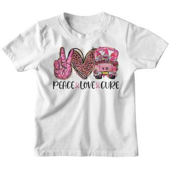 Peace Love Cure Pink Ribbon Gnomes Truck Breast Cancer Youth T-shirt - Thegiftio UK