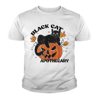 Retro Black Cat Apothecary And Pumpkin Halloween Vintage Youth T-shirt - Seseable
