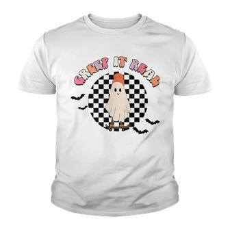 Retro Checkered Creep It Real Ghost Skater Funny Halloween Youth T-shirt - Seseable