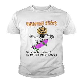 Sweating Sucks Skeleton Pumpkin Head Halloween Youth T-shirt - Seseable
