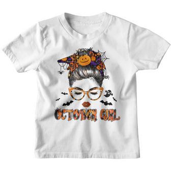 Womens October Girl Messy Bun Hair October Birthday Halloween Youth T-shirt - Thegiftio UK