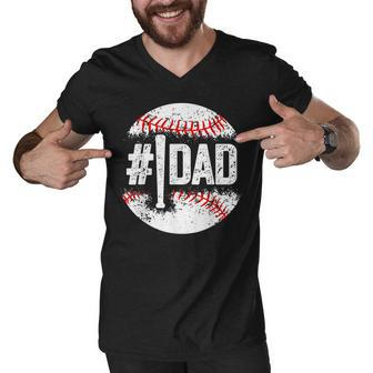 1 Dad Baseball Number One Daddy Son Baseball Fathers Day Men V-Neck Tshirt - Thegiftio UK