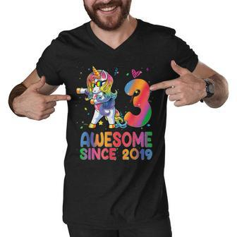 3 Years Old Awesome Since 2019 Dabbing Unicorn 3Rd Birthday Men V-Neck Tshirt - Thegiftio UK