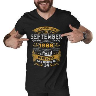 34 Years Old Gift Legends Born In September 1988 34Th B-Day Men V-Neck Tshirt - Thegiftio UK