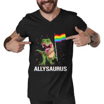 Allysaurus Dinosaur In Rainbow Flag For Ally Lgbt Pride Men V-Neck Tshirt - Monsterry