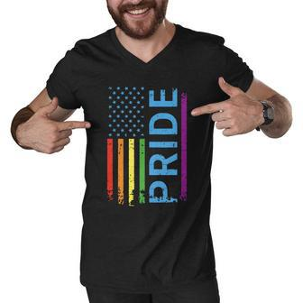 American Flag Gay Pride Rainbow Proud Usa Pride Month Men V-Neck Tshirt - Thegiftio UK