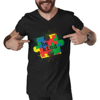 Autism Be Kind Puzzle Piece Splatter Men V-Neck Tshirt - Monsterry