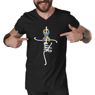 Autism Faith Puzzle Ribbon Tshirt Men V-Neck Tshirt - Monsterry