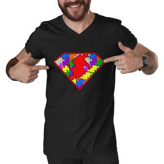 Autism Superhero Puzzle Crest Tshirt Men V-Neck Tshirt - Monsterry AU